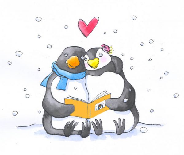 pinguin Max en zijn lief lezen samen het valentijnsboekje Ik blijf bij jou zittend in de sneeuw