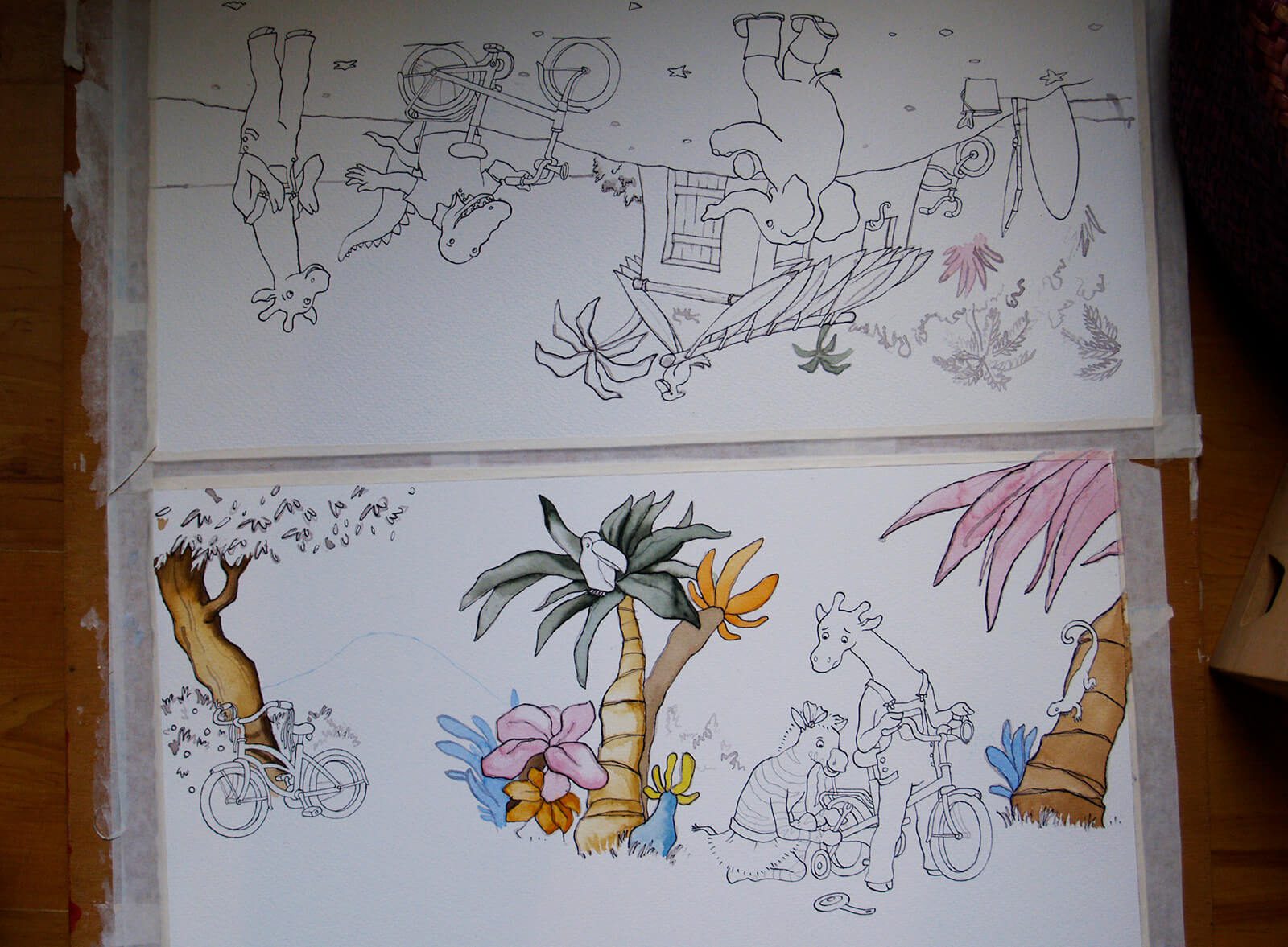 maken-aquarel-illustratie-giraf-fietst