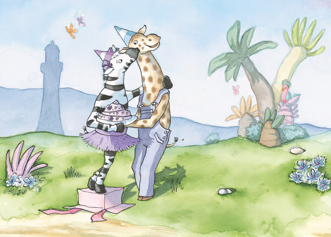 zebra geeft giraf een kus, valentijnsdag met op de achtergrond de vuurtoren en tropische planten